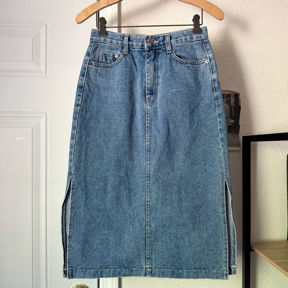 OLIVE CLOTHING blue cotton denim jean midi skirt